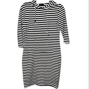 Black and White Striped Hoodie Dress with 3/4 Sleeves and Kangaroo Pocket